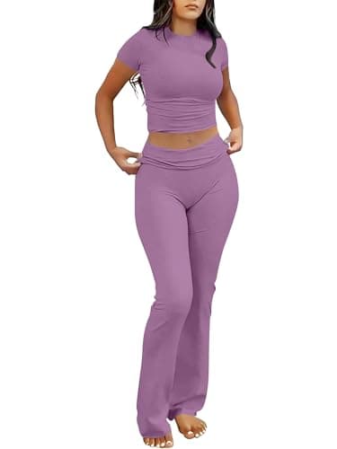 ANRABESS Lounge Sets for Women 2 Piece Foldover Yoga Flare Leggings Pants Crop Tops Casual Y2K Outfits Matching Tracksuit Set Nutmeg X-Large Purple - Image 1
