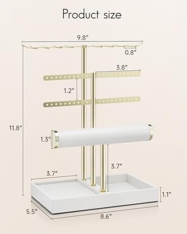 Vlando 3 Tier Jewelry Stand Organizer with Tary, Leather Jewelry Holder Display for Women, Gold Jewlery Holder Display for Necklace, Earring, Bracelet, Rings - White - Image 5