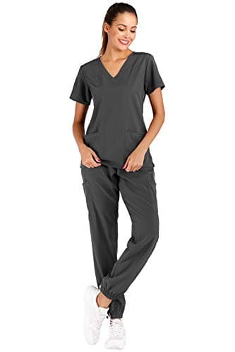 Minty Mint Women's Petite Size Easy Wear Fit Lightweight Durable Solid Stretch Medical Scrubs Sets V Neck Top Slim Jogger Pants Medical Professional Grey PS - Image 1