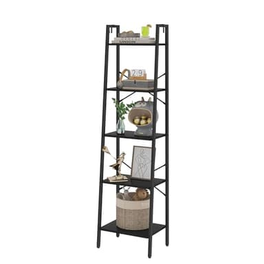 Hzuaneri Ladder Shelf, Bookshelf Bookcase, Freestanding Corner Storage Shelve with 2 Hooks for Home Office, Living Room, Kitchen, Bedroom, Industrial, 5-Tier Black BC19204B - Image 7