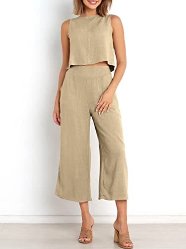 ANRABESS Women's Summer 2 Piece Outfits Sleeveless Crop Top Capri Wide Leg Pants Jumpsuit Casual Linen Lounge Matching Sets Beach Travel 2025 Trendy Clothes Apricot X-Large - Image 4