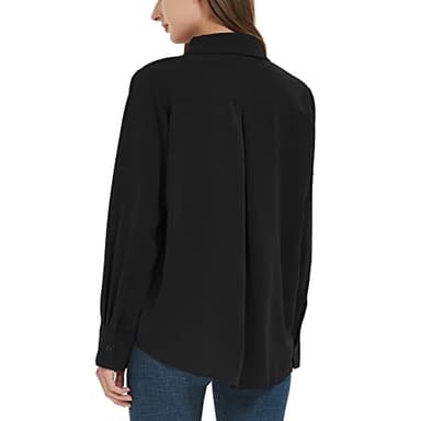 YAMANMAN Women's Button Down Shirt Classic Long Sleeve Collared Tops Work Office Chiffon Blouse Black - Image 3