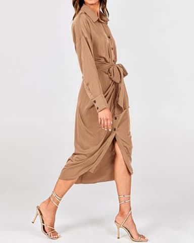 BTFBM Maxi Dresses for Women Fall 2025 Long Sleeve Lapel Neck Button Down Elegant Satin Belted Ruched Summer Shirt Dress(Light Khaki, Large) - Image 8