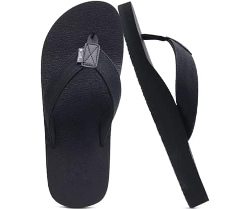 KuaiLu Men's Leather Flip Flops Arch Support Summer Beach Pool Water Thong Sandals Waterproof Rubber Walking Shoes Slip on Orthotic Casual Sport Cushioned Wide Slides Shower Slippers black Size 9 - Image 1