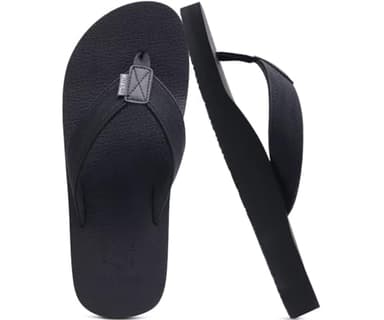 KuaiLu Men's Leather Flip Flops Arch Support Summer Beach Pool Water Thong Sandals Waterproof Rubber Walking Shoes Slip on Orthotic Casual Sport Cushioned Wide Slides Shower Slippers black Size 9 - Image 1