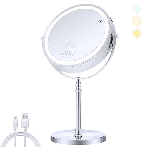 MIYADIVA Lighted Makeup Mirror, 20X Magnifying Mirror with Light, Double Sided Makeup Mirror with 20X/1X Magnification, 360°Rotation, 3 Colors Brightness Adjustable Vanity Mirror with 42 LEDs, 2000mAh - Image 1