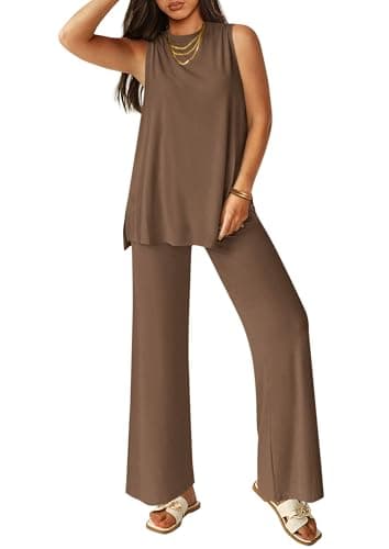 PRETTYGARDEN Women's 2 Piece Lounge Set 2025 Summer Casual Loose Tank Top Wide Leg Pants Matching Travel Outfits Tracksuit (Dark Khaki,Large) - Image 1