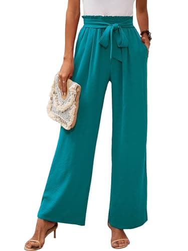 Heymoments Women's Wide Leg Lounge Pants with Pockets Turquoise X-Large Lightweight High Waisted Adjustable Tie Knot Loose Comfy Casual Trousers - Image 1