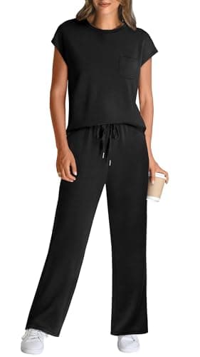 WIHOLL Workout Sets for Women 2 Piece Travel Airport Outfits on Plane Summer Business Casual Loungewear Ladies Cap Sleeve Wide Leg Pants Comfy Sets Resort Wear for Womens 2025 Clothing Black M - Image 2