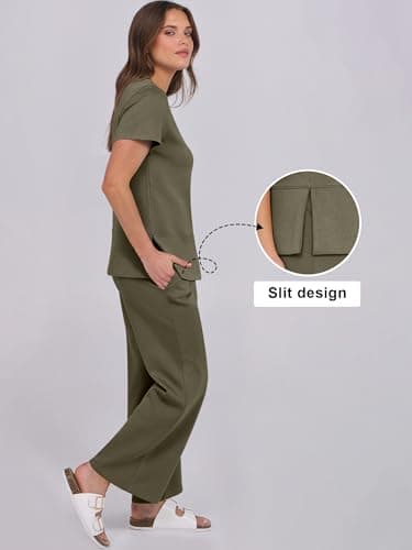 ANRABESS Women 2 Piece Lounge Sets Summer Travel Sweat Outfits Short Sleeve Wide Leg Casual Matching Tracksuits Clothes Army Green Large - Image 4