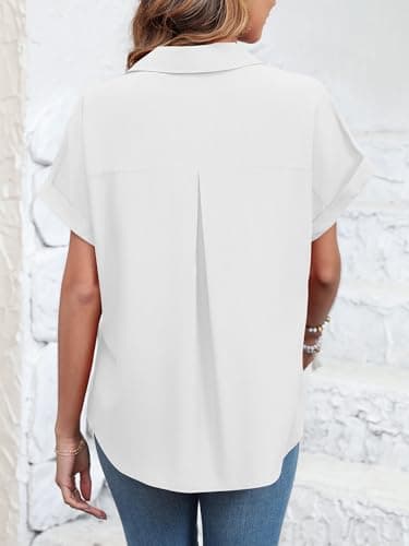 Poplab Womens Button Up Shirt Short Sleeve Collared Tops Office Casual Blouse Shirt(White,M) - Image 4