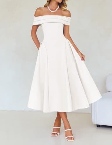 ZESICA Cocktail Dresses for Women's Elegant Off Shoulder Short Sleeve Swing A Line Wedding Evening Party Midi Dress,White,Medium - Image 3