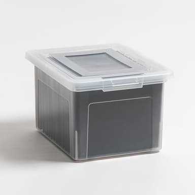 IRIS USA File Box, Plastic File Boxes With Lids, Document Organizer for Letter/Legal File, Document Box, Storage Bin For Hanging Files, Secure Latching Lid Stackable BPA-Free, Clear 35 Qt. 1 Pack - Image 7