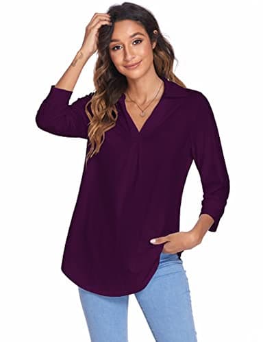 Newchoice Womens V Neck 3/4 Sleeve Shirts Business Casual Tops Ladies Stylish Work Blouses Dressy Loose Fit Tunic Tops (Dark Purple, XL) - Image 3