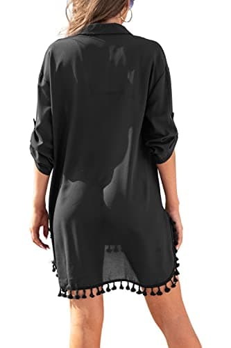 Yincro Women Swimsuit Cover Up Shirt 2025 Tassel Beach Bathing Suit for Swimwear Bikini Dress(Black, L) - Image 3