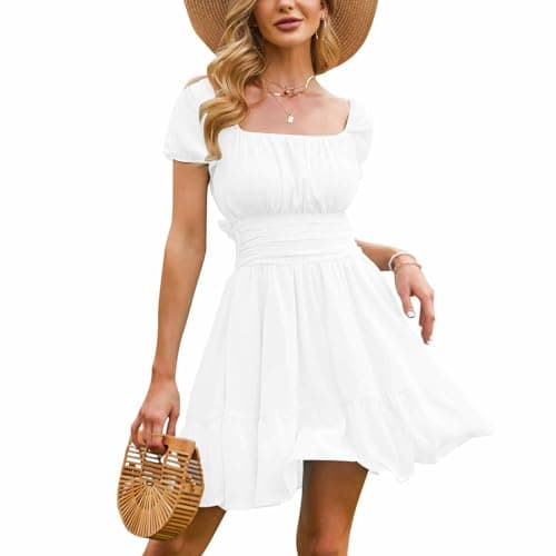 EXLURA Women's 2024 Summer Short Puff Sleeve Casual Short Mini Dresses Tie Back Square Neck A-Line Sundress White - Image 1