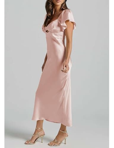 Summer Satin Flutter Sleeve Wedding Guest Dresses for Women Sweetheart Neckline Cutout Tie Back Midi Cocktail Dress Pink - Image 5