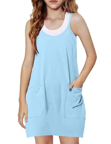 Arshiner Girls Dress with Shorts Casual Summer Spaghetti Straps One Piece Romper Dresses with Pockets for Kid 5-15 Y Light Blue - Image 1
