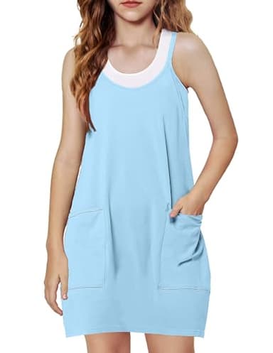 Arshiner Girls Dress with Shorts Casual Summer Spaghetti Straps One Piece Romper Dresses with Pockets for Kid 5-15 Y Light Blue - Image 1
