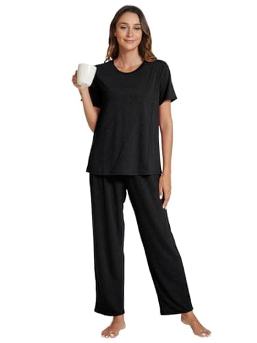 POKWAI Womens Pajama Sets Summer Short Sleeve Long Pants Pajamas Set Soft 2 Piece Pjs Ladies Pajamas Sleepwaer Pj(Black,XX-Large) - Image 2