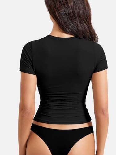 YEOREO Women Fitted Workout Tops Short Sleeve Double Lined Basic Y2K Going Out Crew Neck Compression Crop Top Black S - Image 4
