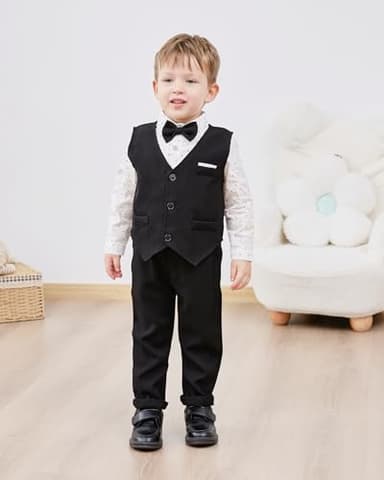 ZOEREA Toddler Boy Suit Formal Wedding Outfits Gentleman Clothes Long Sleeve Shirt + Suspender Pants + Bowtie Black 4-5T - Image 2