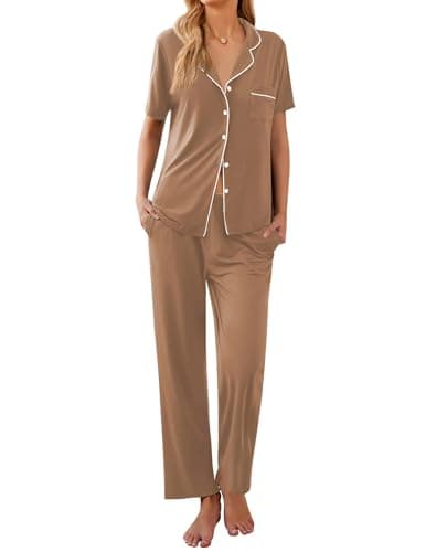 Ekouaer Women Pajamas Set Button Down Sleepwear Short Sleeve Nightwear with Long Pants Soft Pjs Set S-XXL Brown M - Image 1
