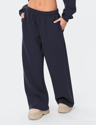 HeSaYep Women's Fleece Lined Sweatpants Wide Leg Baggy High Waisted Sweat Pants Drawstring Lounge Trousers Y2K Straight Leg Sherpa Pants Navy Blue M - Image 3