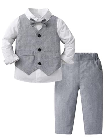 Toddler Boy Clothes Suit Gentleman Wedding Outfits, Formal Dress Shirt+Bowtie+Vest+Pants, US 12-18 Months = Tag 80 A Grey - Image 1