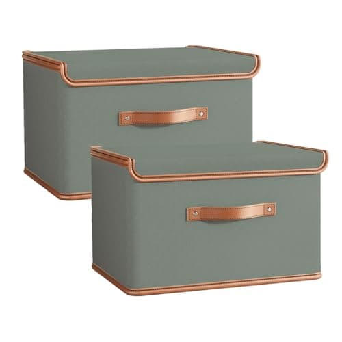 Tuza 2 Pack Storage Bins with Lids, Collapsible Closet Organizer Container, Fabric Organizer Box with Handles, Decorative Storage Boxes with Lids for Organizing Clothes, Blanket, Grey, Large - Image 1
