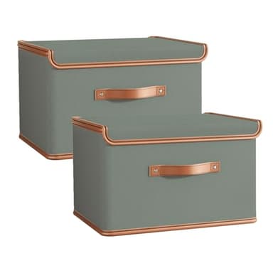 Tuza 2 Pack Storage Bins with Lids, Collapsible Closet Organizer Container, Fabric Organizer Box with Handles, Decorative Storage Boxes with Lids for Organizing Clothes, Blanket, Grey, Large - Image 1