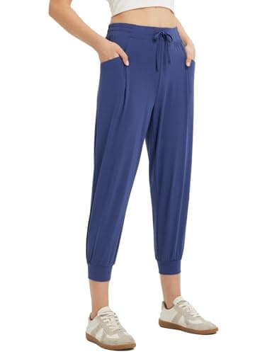 BALEAF Women's Petite Joggers Capri Sweatpants Drawstring Track Pants Travel Lounge Cropped Pants with Pockets Navy Blue M - Image 1