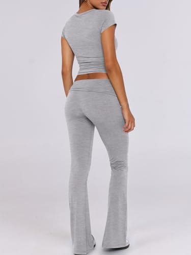ANRABESS Lounge Sets for Women 2 Piece Foldover Yoga Flare Leggings Pants Crop Tops Casual Y2K Outfits Matching Tracksuit Set Grey Grey Medium - Image 4