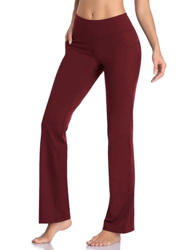 HISKYWIN Side Pockets Yoga Pants 4 Way Stretch Tummy Control Workout Running Pants, Long Bootleg Flare Pants HF201-Burgundy-S - Image 3