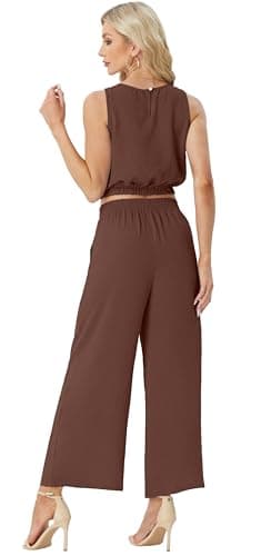 GRECERELLE 2 Piece Sets for Women Summer Resort Wear 2025 Sleeveless Crop Top Wide Leg Pants Sweat Set for Women Coffee-L - Image 4