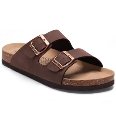 Litfun Women's Cork Footbed Sandal Summer Slip On Slide Sandals with Adjustable Buckle, Brown Size 9 - Image 1