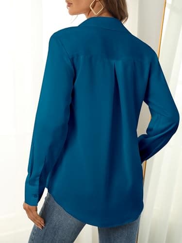 Teal Tops for Women Women's Blouses & Button-Down Shirts Long Sleeves Vneck Work Formal Office Professional Shirt Collar Wrinkle Free Chiffon Blouse Interview Outfit Trendy Clothing Dark Teal Size L - Image 2