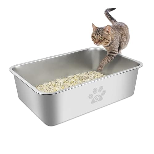 PWTAA Stainless Steel Cat Litter Box High Side Cats Toilet Metal Kitten Litter Pan, Pet Cleaning Tool for Big and Small Cats, Rabbits, Splash-Proof and Non-Stick Cat Poop Box odorless 19.7"x13.8"x5.9" - Image 1