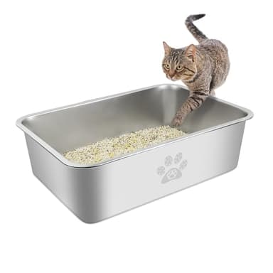 PWTAA Stainless Steel Cat Litter Box High Side Cats Toilet Metal Kitten Litter Pan, Pet Cleaning Tool for Big and Small Cats, Rabbits, Splash-Proof and Non-Stick Cat Poop Box odorless 19.7"x13.8"x5.9" - Image 1