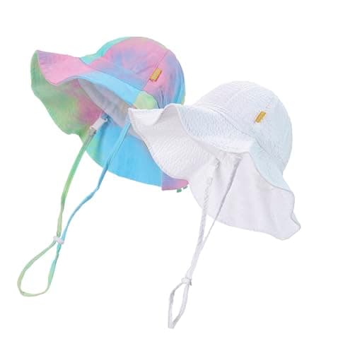 DASMINI Baby Girls Sun Hat Cute Flower Toddler Summer Outdoor Infant Beach Wide Brim(White+tie dye2,6-24M) - Image 1