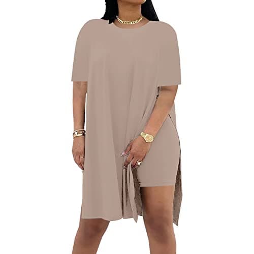 AXOSY Women Plus Size 2 Piece Outfits Short Sleeve Tunic Tops and Skinny Biker Shorts Sets Tracksuits Brown,XX-Large - Image 1