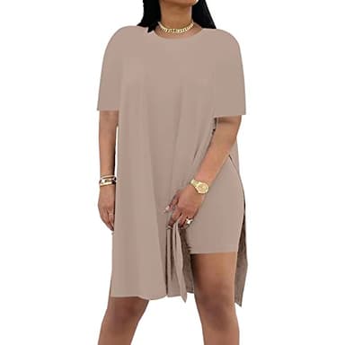 AXOSY Women Plus Size 2 Piece Outfits Short Sleeve Tunic Tops and Skinny Biker Shorts Sets Tracksuits Brown,XX-Large - Image 1
