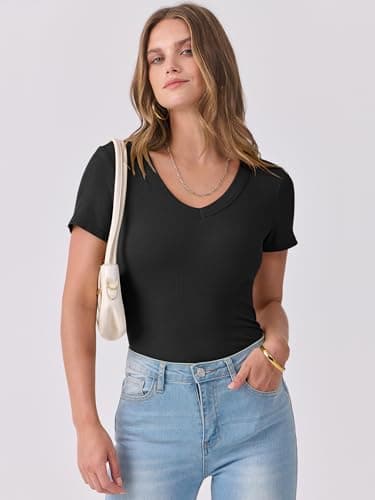 ANRABESS Women Short Sleeve V Neck Ribbed Knit Fitted Shirts Basic Tees Tops 2025 Summer Casual T-Shirts Going Out Outfits Black XX-Large - Image 2