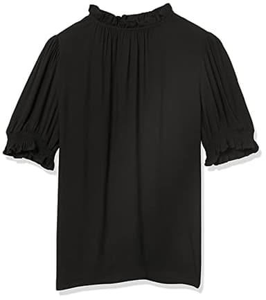 Amazon Essentials Women's Fluid Twill Short Puff Sleeve Smock Detail Shirt, Black, Medium - Image 5