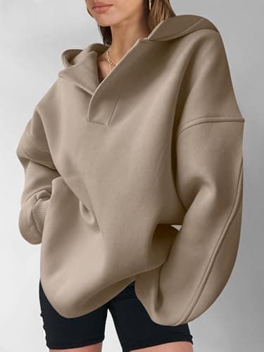 ANRABESS Womens Oversized Hoodies V Neck Sweatshirts Fleece Long Sleeve Pullover Y2K Clothes 2025 Fall Trendy Outfits Khaki Brown XL - Image 4