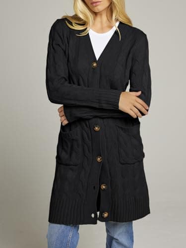 MEROKEETY Women's 2025 Long Sleeve Cardigan Sweater Fall Winter Cable Knit Open Front Button Long Outerwear, Black, XL - Image 6