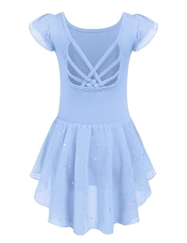 Arshiner Girls Shiny Ruffle Sleeve Ballet Leotard with Skirt Criss-Cross Back Dance Dresses Blue 4-5 Years - Image 1