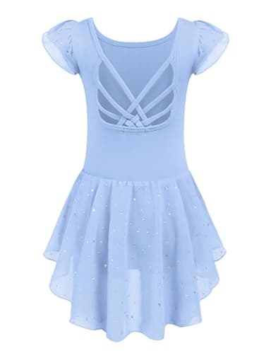 Arshiner Girls Shiny Ruffle Sleeve Ballet Leotard with Skirt Criss-Cross Back Dance Dresses Blue 4-5 Years - Image 1