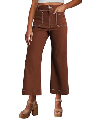 miduo Womens Slim Spring Pants Contrast-Stitch High Waist Zipper Button Cropped Wide Leg Trousers Straight Leg Pants with Pockets Brown 29 - Image 1