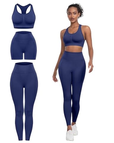 SALSPOR 3 Piece Workout Sets for Women Butt Lifting Leggings with High Impact Sports Bra Gym Shorts(3DWX-Navy Blue-M) - Image 1